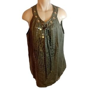 Signal Linen Sequin Studded Grommet Sleeveless Top Olive Green Bohemian Work XL